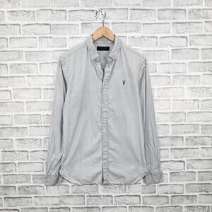 ALL SAINTS Men's Button Down Redondo LS Shirt Grey Cotton Rumskull logo Sz XS